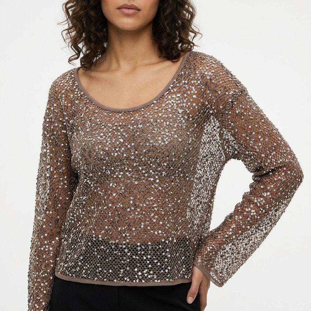 MUSERA Brown Lightweight Top Women Long Sleeve Mesh Size XL